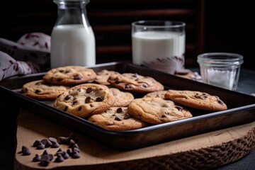 Wall Mural - tray of classic chocolate chip cookies, with glass of milk on the side, created with generative ai