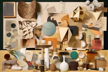 Wall Mural - cubist collage of various objects, ranging from household items to natural elements, created with generative ai