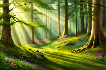 A mystical forest glade bathed in dappled sunlight, ancient trees standing tall with lush foliage, a carpet of vibrant wildflowers covering the forest floor