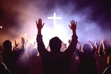 Fototapeta Natura - Church worship concept:Christians raising their hands in praise and worship at a night music concert, Generative AI