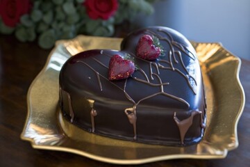 Wall Mural - heart-shaped cake topped with a decadent mix of chocolate and raspberry ganache, created with generative ai