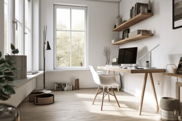 Sticker - a minimalist space with plenty of natural light and a sleek desk for studying, created with generative ai