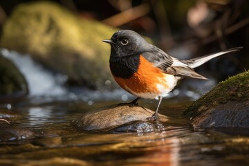 Poster - male redstart bird in stream, its feathers sleek and clean, created with generative ai