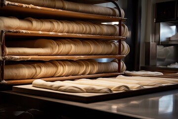 Canvas Print - pizzeria, with stacks of freshly rolled dough ready for the chef's next creation, created with generative ai