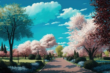 Canvas Print - park, with blossoming trees and clear blue sky visible in the background, created with generative ai