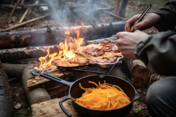 Poster - person, cooking breakfast of pancakes and bacon over campfire, created with generative ai