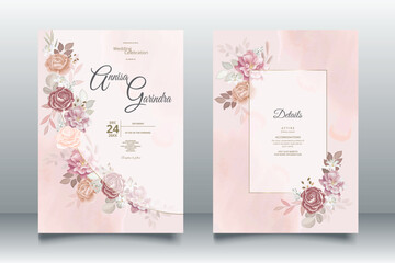 Wall Mural - Brown wedding invitation template set with floral frame Premium Vector	