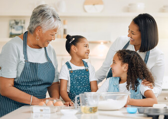 Canvas Print - Grandmother, mom or happy kids baking in kitchen in a family home with siblings learning cooking skills. Cake, woman laughing or grandma smiling, talking or teaching young children to bake together