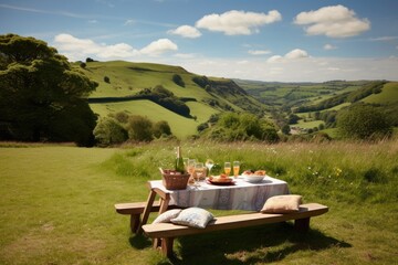 Poster - picnic setting with stunning view of rolling hills, babbling brook and warm sunshine, created with generative ai