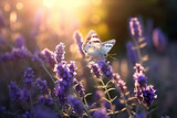 Fototapeta Lawenda - butterflies on a lavender field in summer. Generative AI