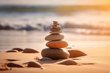 Wall Mural - a pile of rocks atop a sandy beach Generative AI