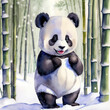Cute giant panda baby on snow in the winter time. Animal illustration painting, generative ai.
