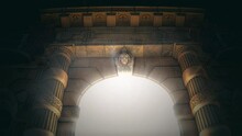 Egypt Temple Portal Light Rays Zoom In. Zooming Through An Egyptian Temple With A Bright Light Coming Through. Zoom In