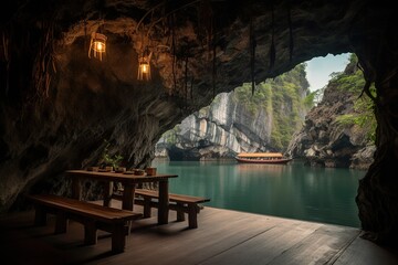 Wall Mural - a wooden seat placed adjacent to a boat that is now floating on a lake Generative AI