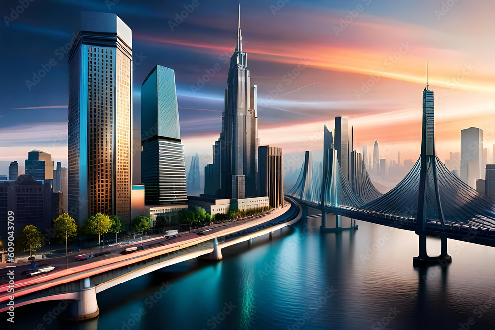 A futuristic cityscape with towering skyscrapers, sleek architecture ...