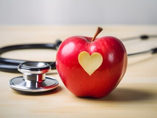Wall Mural - Stethoscope and red apple with heart shape on wood table