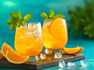 Wall Mural - Two glasses of orange drink with fresh mint on a table