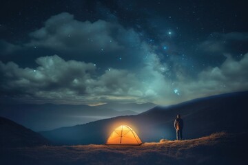 Wall Mural - Illuminated camp tent under a view of the mountains and a starry sky. Generative AI