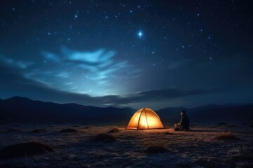 Wall Mural - Illuminated camp tent under a view of the mountains and a starry sky. Generative AI