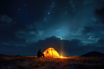 Wall Mural - Illuminated camp tent under a view of the mountains and a starry sky. Generative AI