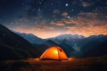 Wall Mural - Illuminated camp tent under a view of the mountains and a starry sky. Generative AI