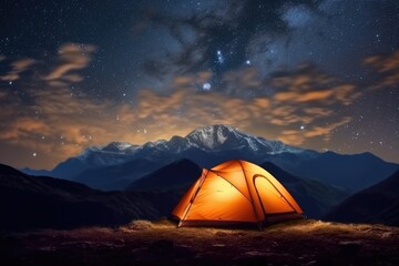Wall Mural - Illuminated camp tent under a view of the mountains and a starry sky. Generative AI