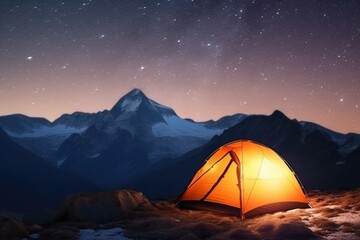 Wall Mural - Illuminated camp tent under a view of the mountains and a starry sky. Generative AI