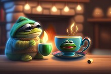 Tiny Green Frog Sipping Tea Generative AI