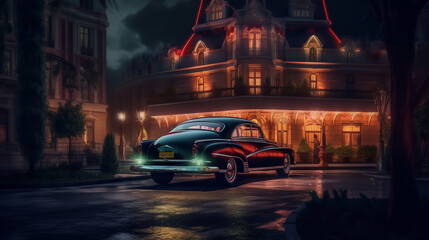 Wall Mural - the back of a car with its tail lights on as it parks in front of a hotel