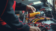 Technician Hands of car mechanic working repair in repair Service electric battery and Maintenance. Check the electrical system. Generative AI