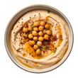 top view of a fresh bowl of handmade chickpea hummus dip on transparent background