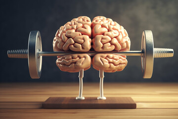 Human brain lifting weights. 3D brain working out with a heavy dumbbell. Mind training, memory health, Alzheimer's prevention, brain training, education, study and menthal health concept