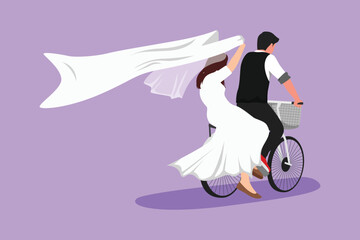 Wall Mural - Cartoon flat style drawing happy married couple having fun on date riding bicycle in love. Back view of romantic teenage couple ride bike on road with wedding dress. Graphic design vector illustration