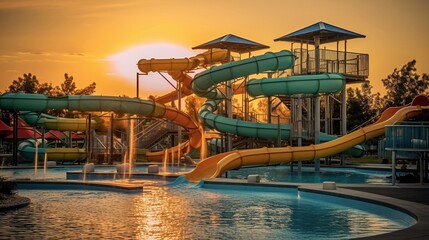 Water park, bright multi-colored slides with a pool. A water park without people on a summer day. Ai Generative