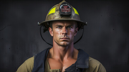 Wall Mural - Portrait of a fireman wearing Fire Fighter turnouts and helmet. Background is red and blue smoke and light. Turnouts are protective clothing. Generative AI