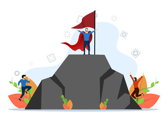 teamwork partnership. point out target achievement as a challenge for company employees to climb the mountain together with unity and cooperation. Perfect for landing pages, UI, Vector Illustration.