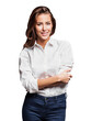 © kite_rin - Beautiful business woman isolated in transparent PNG, Smiling young girl in white shirt standing confident with crossed arms isolated on white background, Happy student girl studio shot