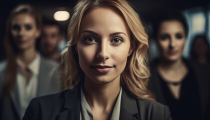 Wall Mural - Confident businesswoman and team smiling in office generated by AI