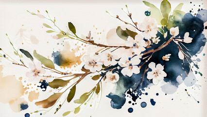 Wall Mural - Watercolor floral background with cherry blossom branches. Hand painted illustration. Generative AI