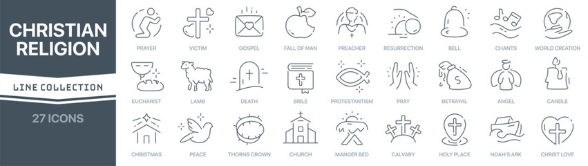 christian religion linear signed icon collection. signed thin line icons collection. set of christia