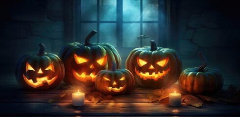 Wall Mural - Halloween pumpkins and jack o lanterns on table with beautiful misty atmosphere, mysterious backdrop. Generative AI