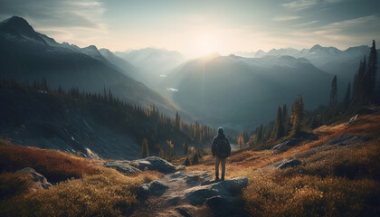 Canvas Print - One person hiking mountain peak in autumn generated by AI