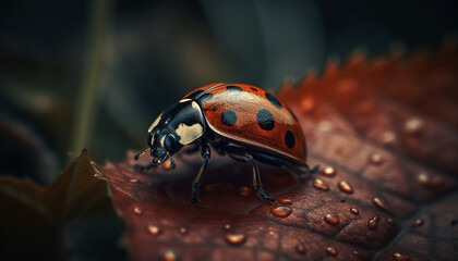 Wall Mural - Spotted ladybug crawling on wet green leaf generated by AI