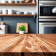 Selective focus, Wood table top on blur kitchen counter (room) background. For montage product display. generative ai.