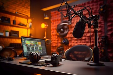 Poster - stock photo a podcast studio room microphone ultra realistic professional photography ai generated