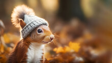 Fall Season Card With Cute Squirrel With Knitted Hat On Blurred Autumn Park Landscape Background With Copy Space. Autumn Character. Funny Forest Illustration. Generative Ai
