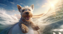 A Happy Dog On A Surfboard Catches A Wave In The Ocean. Horizontal Banner. The Concept Of A Summer Holiday By The Sea. Created With Generative AI Technology