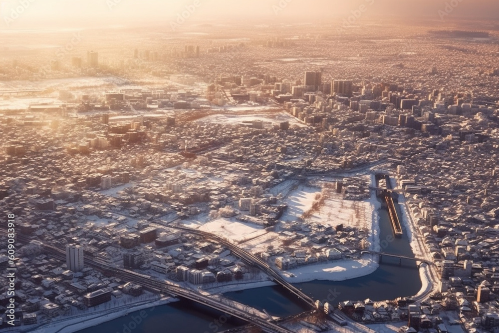 Aerial view of a city during a winter evening. Toen covered in snow ...