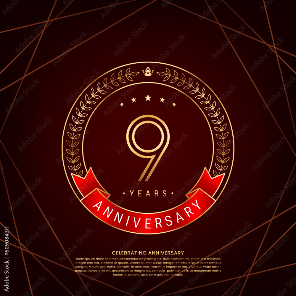 9th anniversary logo with golden laurel wreath and double line numbers ...