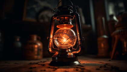 Poster - Glowing lantern illuminates rustic old fashioned table decoration generated by AI